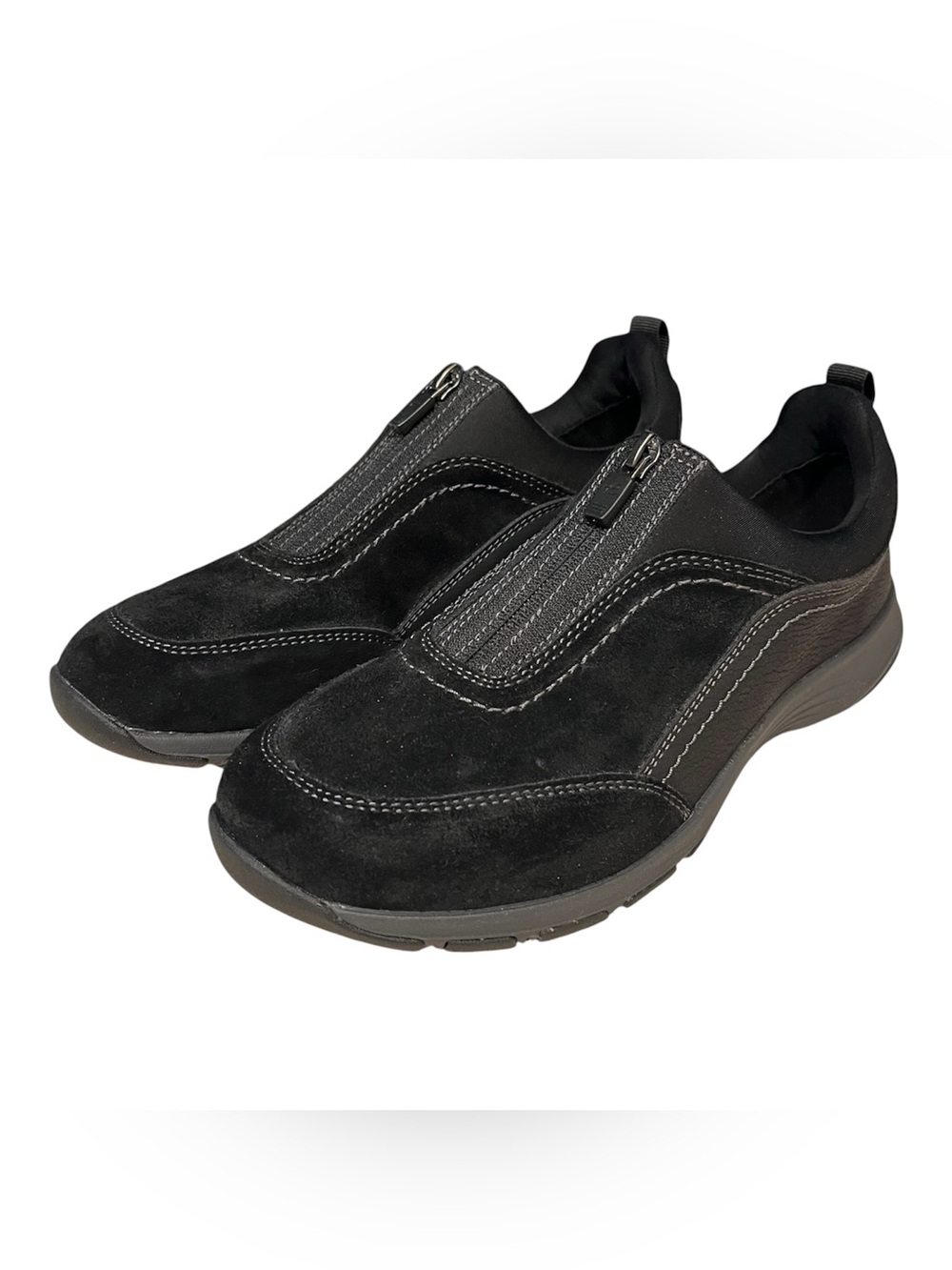Easy Spirit Secave Black Leather Suede Women Sz 8.5 Zip Closure Comfort Shoe EUC
